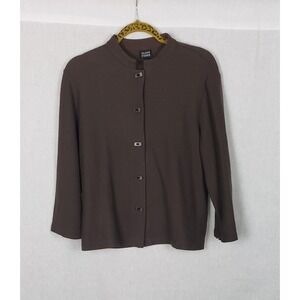 EILEEN FISHER Brown Button Front Mock Neck Knit Blazer Jacket M 100% Wool Casual